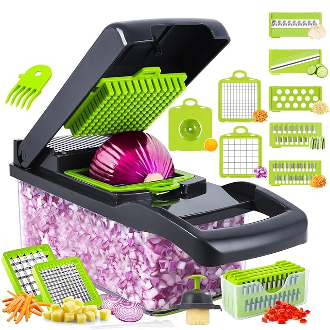Vegetable Chopper,15-in-1 Multifunctional veggie chopper,Slicer, Dicer & Cutter for Kitchen–Food Processor with Container for Onion, Tomato,Potato, Fruits–Easy Clean & Storage (7 Blade)
