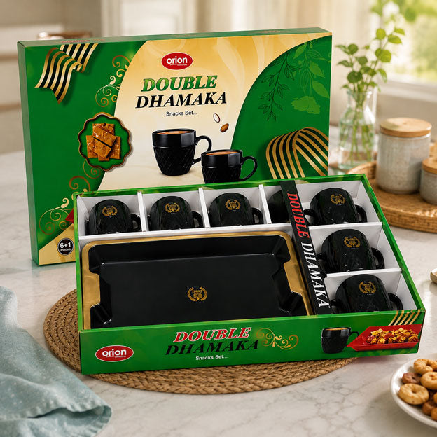 Double Dhamaka Premium Black Ceramic Tea & Coffee Mug Set – 6 Cups + Tray