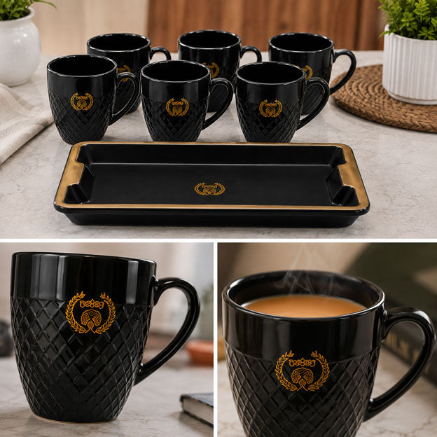 Double Dhamaka Premium Black Ceramic Tea & Coffee Mug Set – 6 Cups + Tray