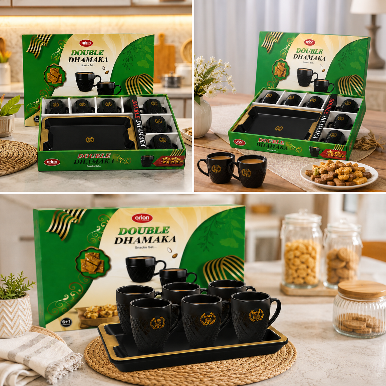 Double Dhamaka Premium Black Ceramic Tea & Coffee Mug Set – 6 Cups + Tray