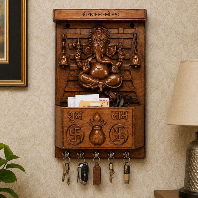 Ganesha Wooden Key Stand – 5 Hooks & Storage