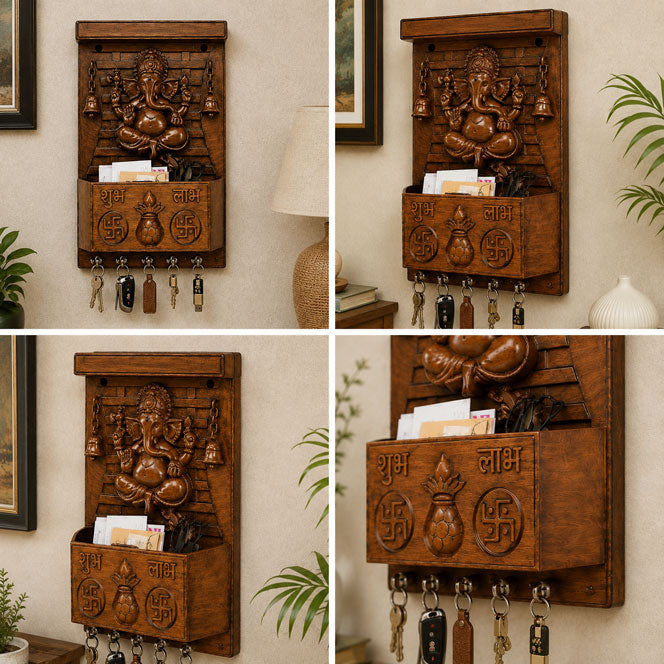 Ganesha Wooden Key Stand – 5 Hooks & Storage