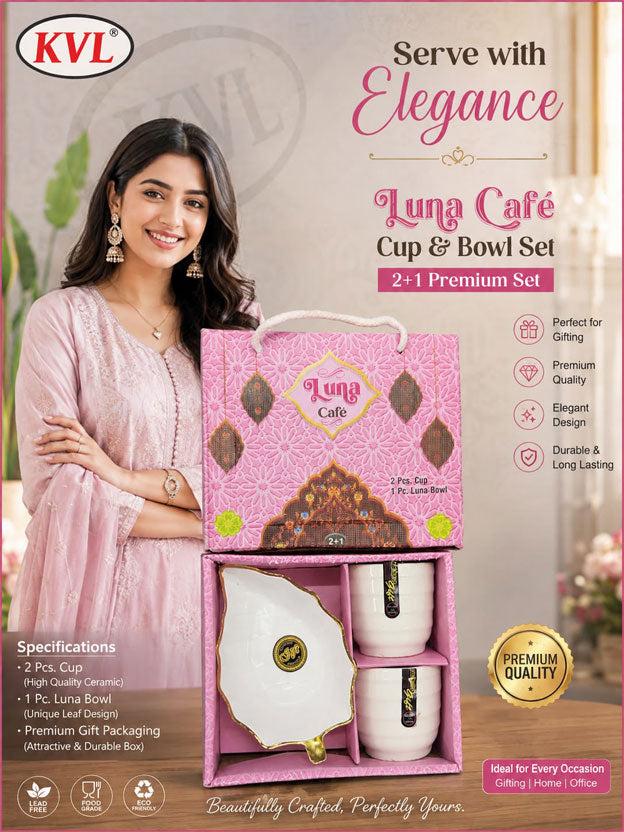 Luna Café Premium Ceramic Cup & Bowl Set – 2 Cups + 1 Bowl