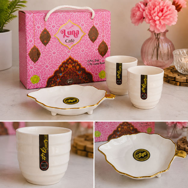 Luna Café Premium Ceramic Cup & Bowl Set – 2 Cups + 1 Bowl
