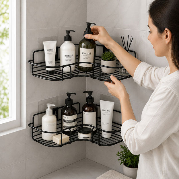 2-Tier Metal Corner Organizer – Bathroom & Kitchen Storage Rack