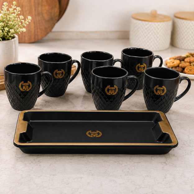Double Dhamaka Premium Black Ceramic Tea & Coffee Mug Set – 6 Cups + Tray